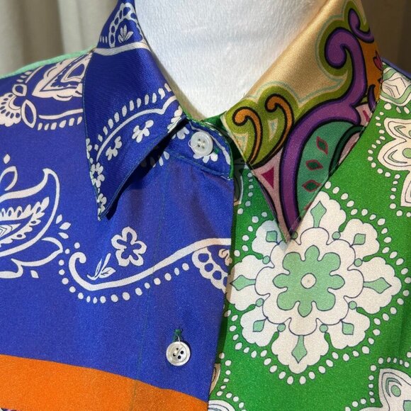 2/30 Zara Satin Paisley Patchwork Blouse Colorful Long Tie Bell Sleeves Large M - Picture 10 of 16